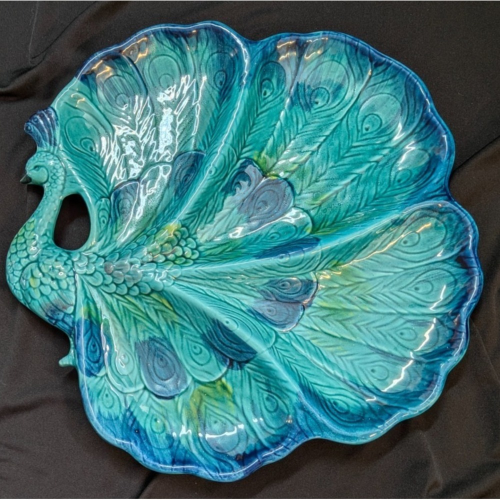 VTG 1970's Enesco Peacock Ceramic Divided Serving Platter E-8275 Japan Pristine